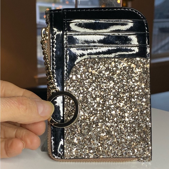 NEW! KATE SPADE Odette Wallet Gold Glitter Black Patent Leather L-Zip Keychain - Picture 6 of 13